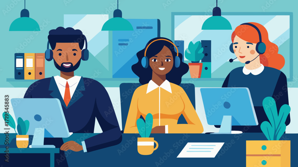 Fototapeta premium Vector art of diverse customer service team working in call center support agents wearing headsets, providing assistance to customers with computer