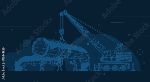 Illustration of industrial pipeline construction using a crane with workers for support and repair