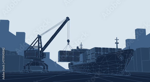 Illustration of container ship being loaded by crane in port representing global trade