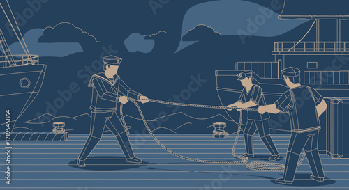 Illustration of sailors pulling a ship with ropes to harbor during line art style background