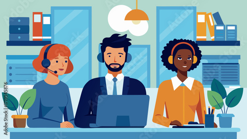 Vector art of customer service team working in call center diverse group of support agents wearing headsets, providing assistance to customers