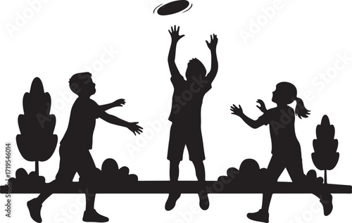 Kids Playing Frisbee in Park Silhouette