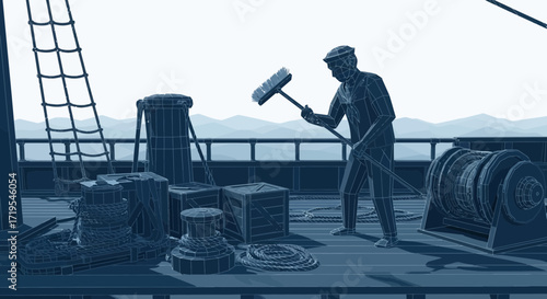 Low poly art illustration depicting a sailor cleaning the deck of a vintage ship with a broom