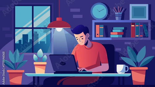 Vector art of focused man working on a laptop at his desk in a cozy room, illuminated by a lamp, surrounded by plants and books, showcasing remote work