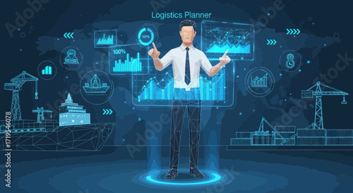 Logistics Planner Controlling Global Supply Chain with Futuristic Interface Technology