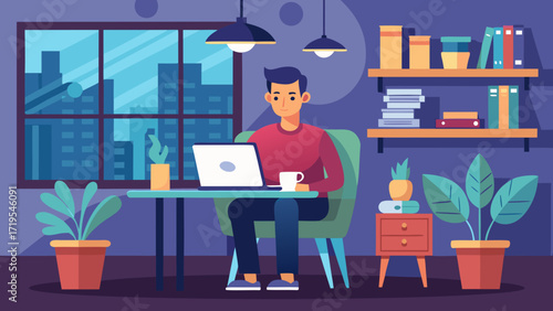 Vector art of young man working on laptop at home office with plants, bookcase, and city view from window in a cozy and modern interior design
