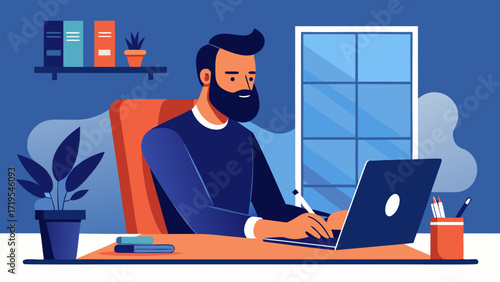 Vector art of bearded man working on laptop at home office with plant and window in a modern interior design for remote work and online business