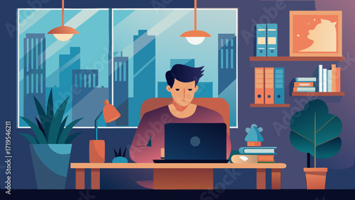 Vector art of man working from home at his desk with a laptop, surrounded by plants and books, creating a cozy and productive workspace