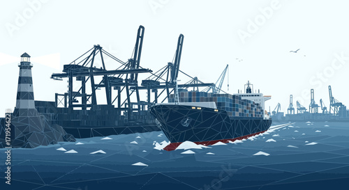 Low poly cargo ship sailing past a lighthouse and container port illustration