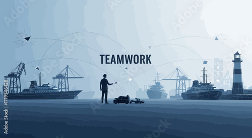 Maritime industry teamwork and global network, representing international trade connections and