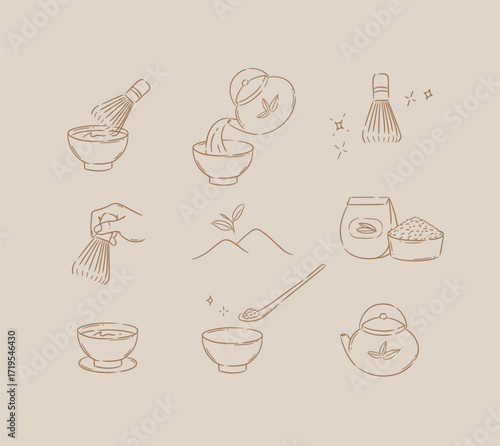 Matcha tea symbols teapot, whisk, bowl, plantation, cup, ceremony drawing with brown color on beige background