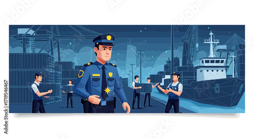Maritime Security and Logistics Illustration Featuring Police Officer Overseeing Cargo Operations