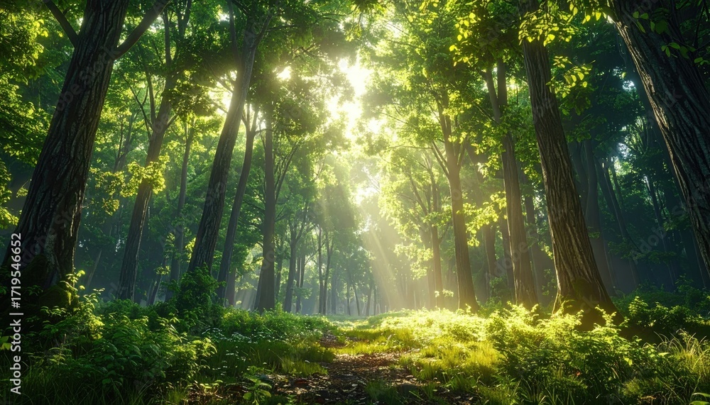 Obraz premium Sunlit Forest Scene with Vibrant Green Foliage and Golden Rays of Light Ultra Sharp Cinematic Product Photography