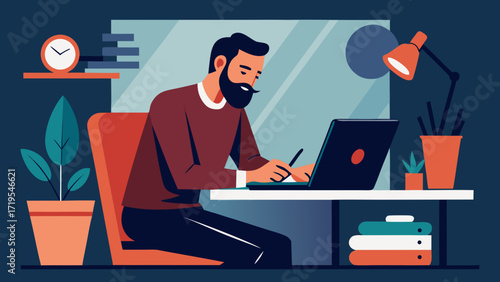 Vector art of man working on laptop at desk in home office with plant, clock, lamp, and books, creating a productive and comfortable workspace