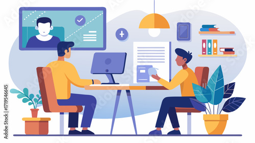 Vector art of two colleagues in a video conference at a desk with computer, document, and plant, enabling remote collaboration and communication effectively