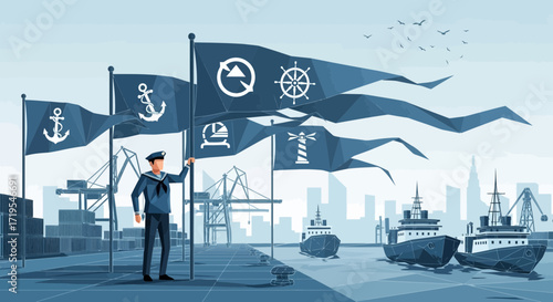 Nautical themed harbor scene illustration with sailor and maritime icons flying on flags