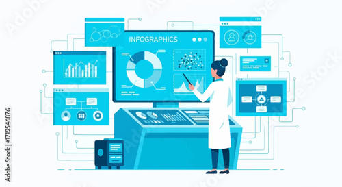 Scientist analyzing infographic data on a futuristic computer interface screen display