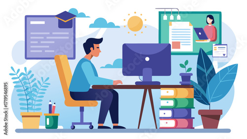 Vector art of young man attending online class at home with teacher on computer screen, elearning concept, vector illustration