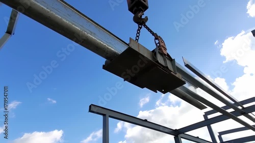 Steel beams being lifted by a crane against a partly cloudy sky