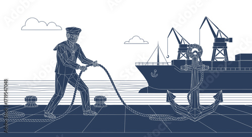 Stylized maritime scene with a sailor pulling a rope tied to an anchor and ship