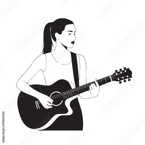 Black and white line art of a cool woman playing guitar in casual outfit minimalist stylish illustration

