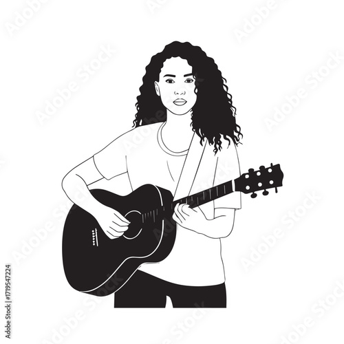 Black and white line art of a cool woman playing guitar in casual outfit minimalist stylish illustration
