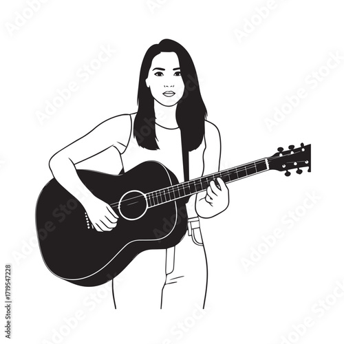 Black and white line art of a cool woman playing guitar in casual outfit minimalist stylish illustration
