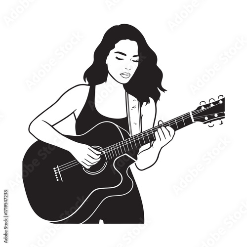 Black and white line art of a cool woman playing guitar in casual outfit minimalist stylish illustration
