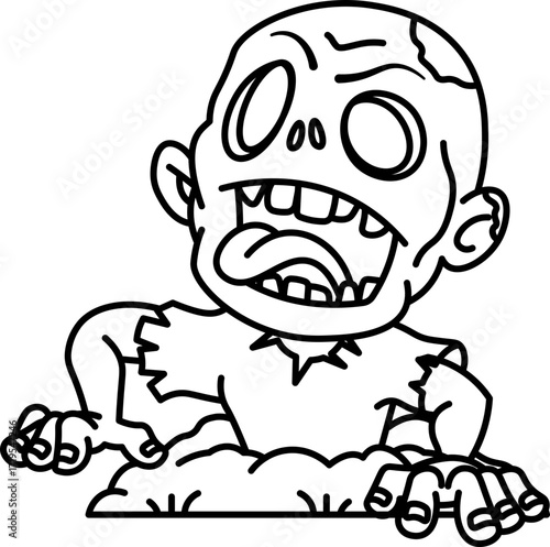 Zombie emerging from the ground humorously outline style.