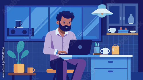 Vector art of a man works on a laptop in a cozy kitchen with a plant, mug, and kettle, creating a warm and inviting workspace environment