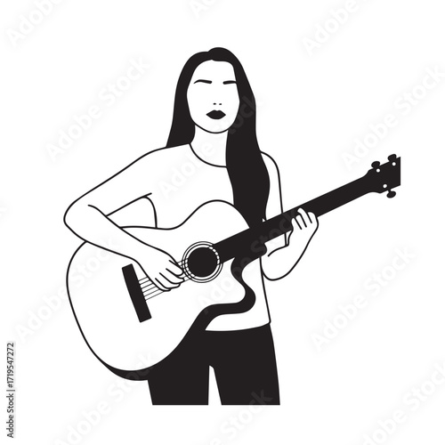 Black and white line art of a cool woman playing guitar in casual outfit minimalist stylish illustration
