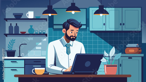 Vector art of a focused man works on his laptop in a cozy kitchen setting, illuminated by hanging lights, showcasing a modern workfromhome lifestyle