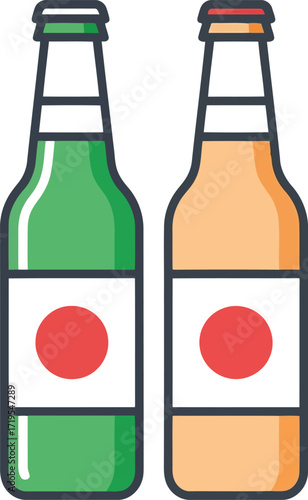 Two refreshing beer bottles ready for enjoyment with red label circles isolated vector