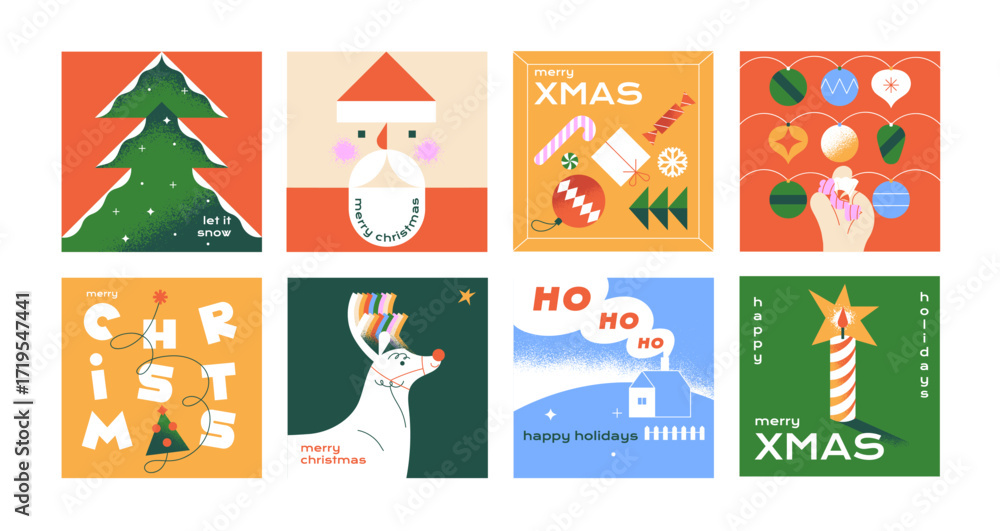 Fototapeta premium Designs of greeting Christmas cards set. Square templates of Xmas post in social media. New Year postcards in geometric style. Modern congratulations with winter holidays. Flat vector illustrations.