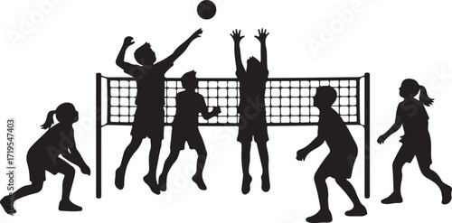 Children Playing Volleyball Teams Silhouette Vector