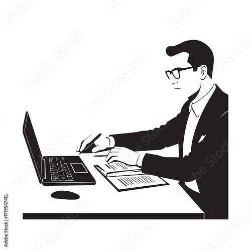 Black and white line art of a hardworking man at office desk with laptop and documents minimalist illustration