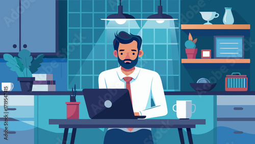 Vector art of a bearded man in a white shirt and tie is working on his laptop at his kitchen table in a cozy, modernly decorated home office
