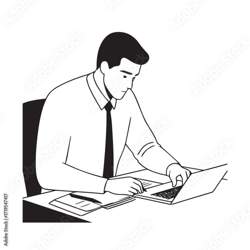 Black and white line art of a hardworking man at office desk with laptop and documents minimalist illustration