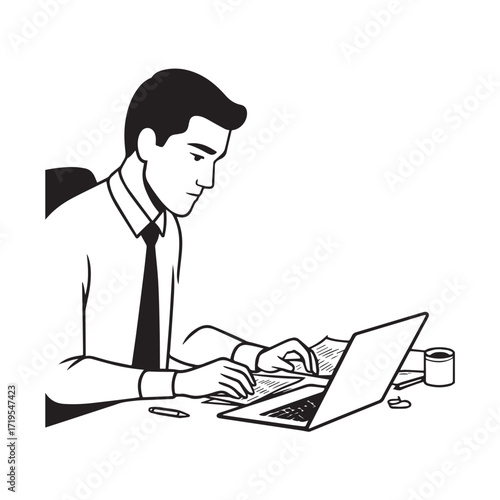 Black and white line art of a hardworking man at office desk with laptop and documents minimalist illustration