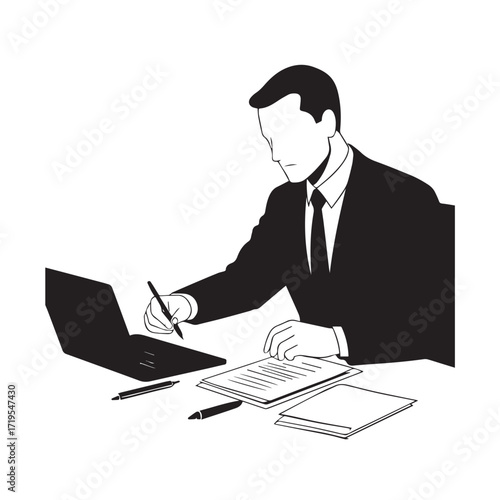 Black and white line art of a hardworking man at office desk with laptop and documents minimalist illustration