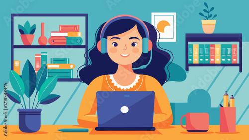 Vector art of a smiling woman with headphones is working on her laptop at her desk in a cozy, modernly decorated home office with plants