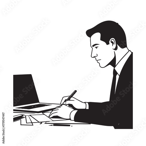 Black and white line art of a hardworking man at office desk with laptop and documents minimalist illustration