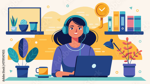 Vector art of a smiling woman with headphones is working on her laptop at her desk in a cozy, modernly decorated home office with plants