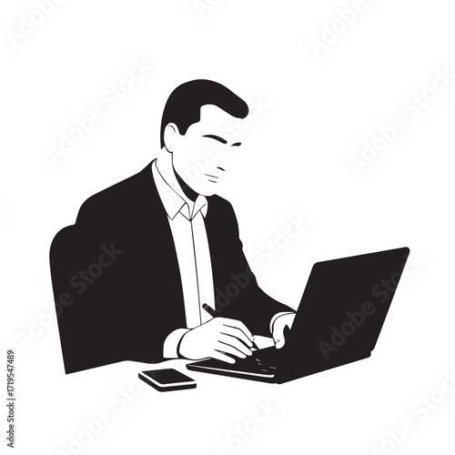 Black and white line art of a hardworking man at office desk with laptop and documents minimalist illustration