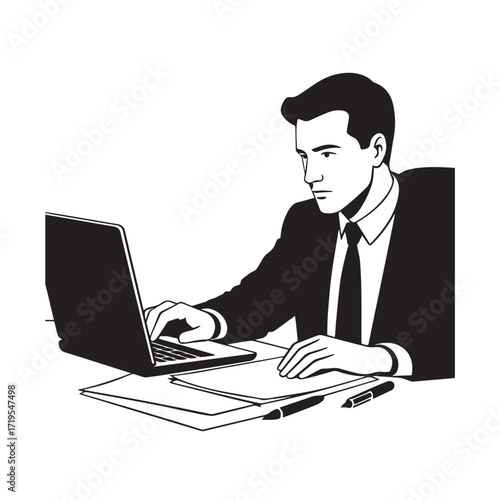 Black and white line art of a hardworking man at office desk with laptop and documents minimalist illustration