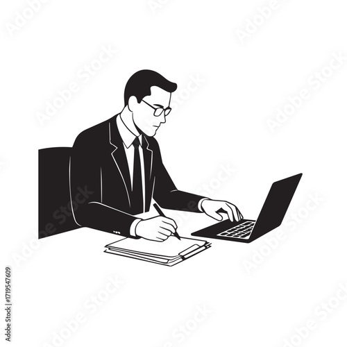 Black and white line art of a hardworking man at office desk with laptop and documents minimalist illustration
