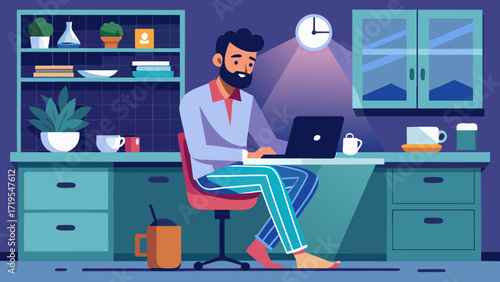 Vector art of a man with a beard is working on a laptop at home, sitting at a desk with mugs, plants, and a clock, looking at the screen with a focused expression