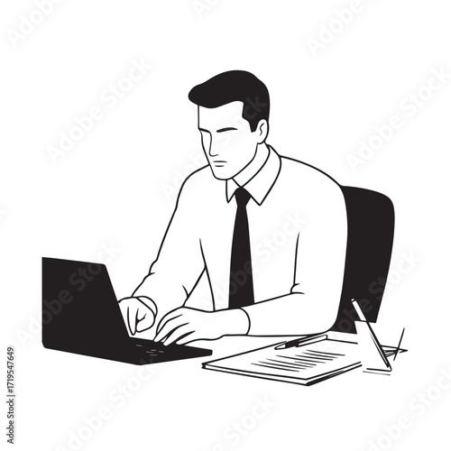 Black and white line art of a hardworking man at office desk with laptop and documents minimalist illustration