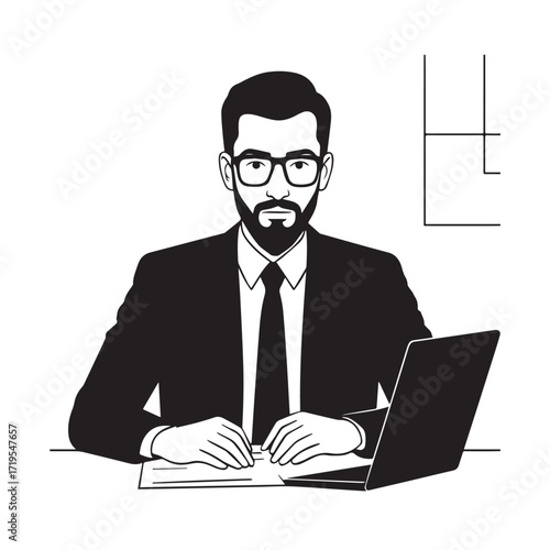 Black and white line art of a hardworking man at office desk with laptop and documents minimalist illustration