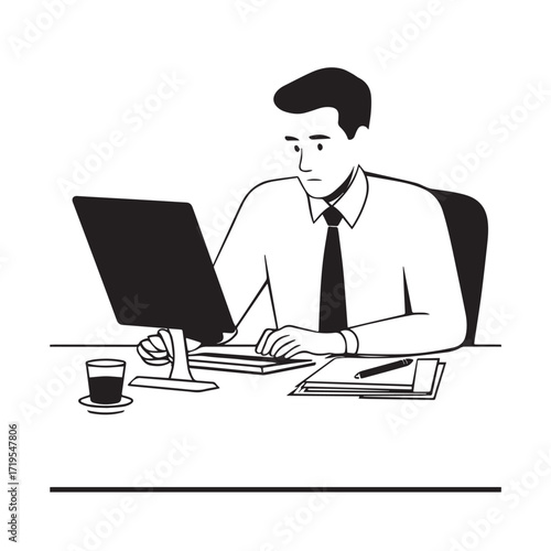 Black and white line art of a hardworking man at office desk with laptop and documents minimalist illustration